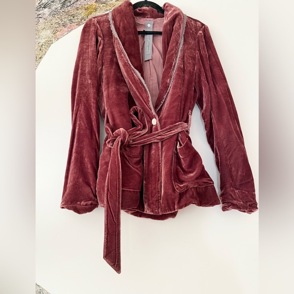 Raquel Allegra Rayon Silk Velvet Cranberry Smoking Jacket 2 - Picture 3 of 4